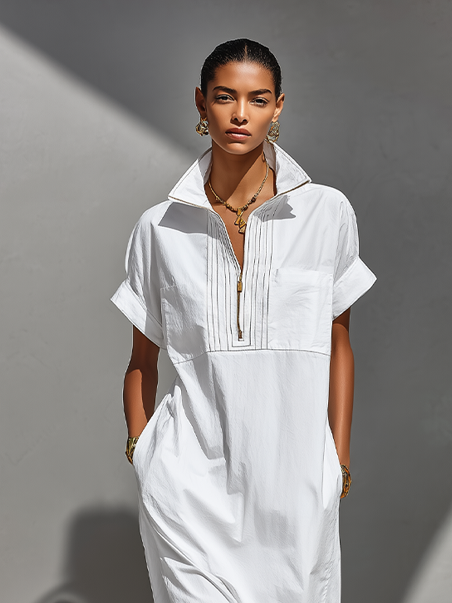 Robe Chemise Longue Blanche en Coton 100% pour Femme avec Col Semi-Zippé et Manches Retroussées, Robe Décontractée Intemporelle pour Tous les Jours