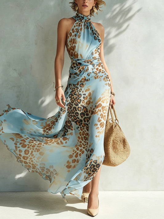 Robe longue en mousseline de soie imprimé léopard bleu