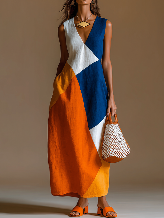 Robe longue en coton et lin patchwork multicolore, coupe ample, sans manches, col en V, style décontracté pour femme