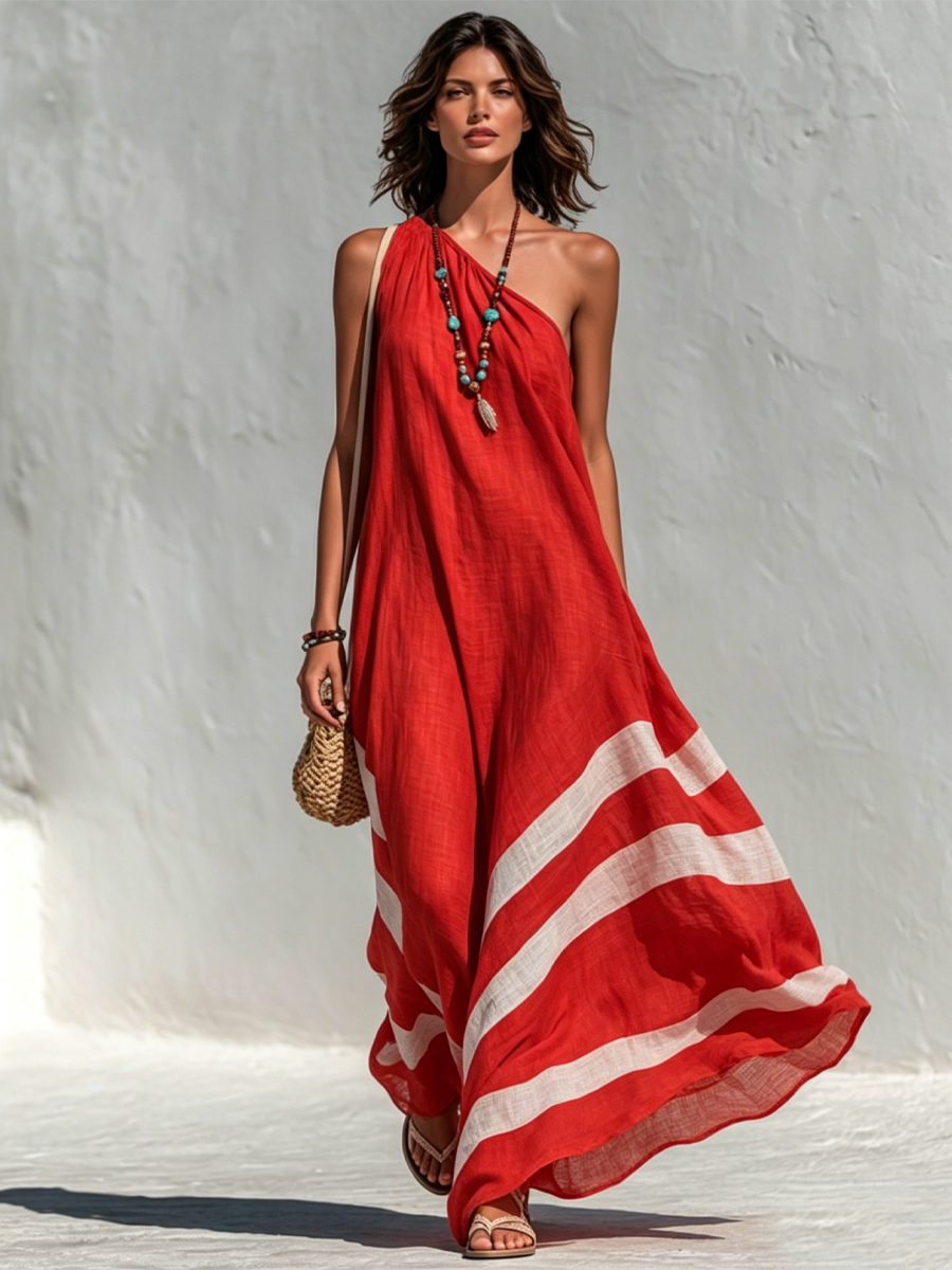 Robe longue ample asymétrique en coton-lin color block, style vacances pour femme