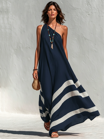 Robe longue ample asymétrique en coton-lin color block, style vacances pour femme