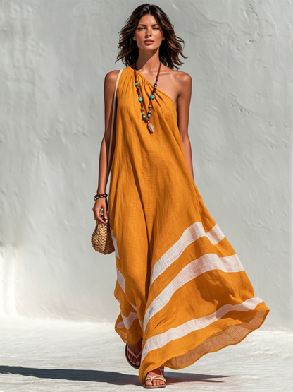 Robe longue ample asymétrique en coton-lin color block, style vacances pour femme