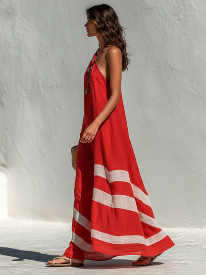 Robe longue ample asymétrique en coton-lin color block, style vacances pour femme