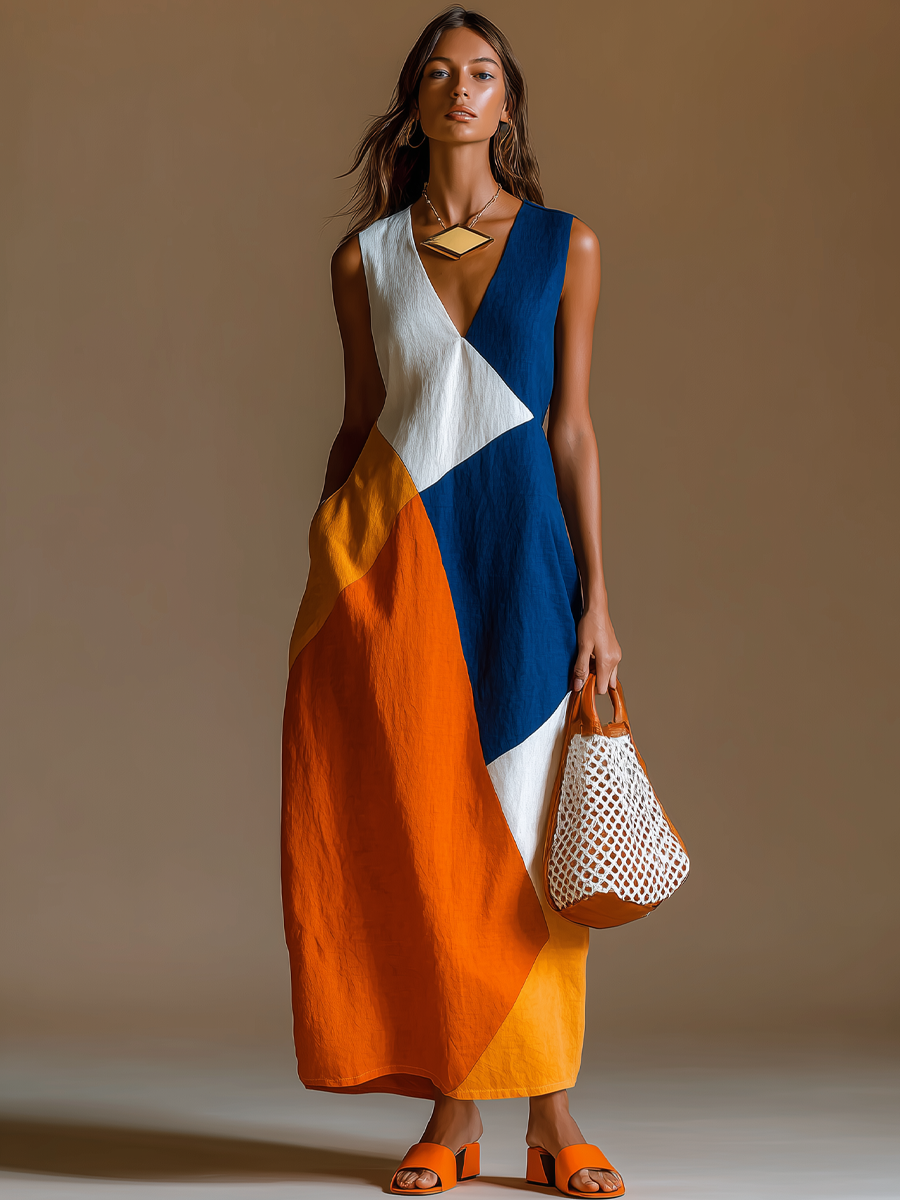 Women's Casual Vacation-Style Loose-Fit, Sleeveless, V-Neck, Multi-Color Patchwork Cotton-Linen Maxi Dress