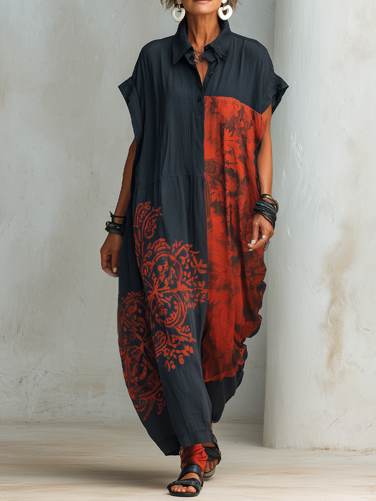 Robe longue décontractée vintage pour femme, en mélange imprimé, col Henley et manches courtes