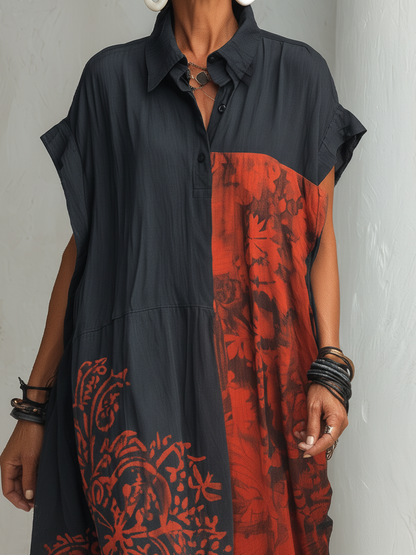 Robe longue décontractée vintage pour femme, en mélange imprimé, col Henley et manches courtes