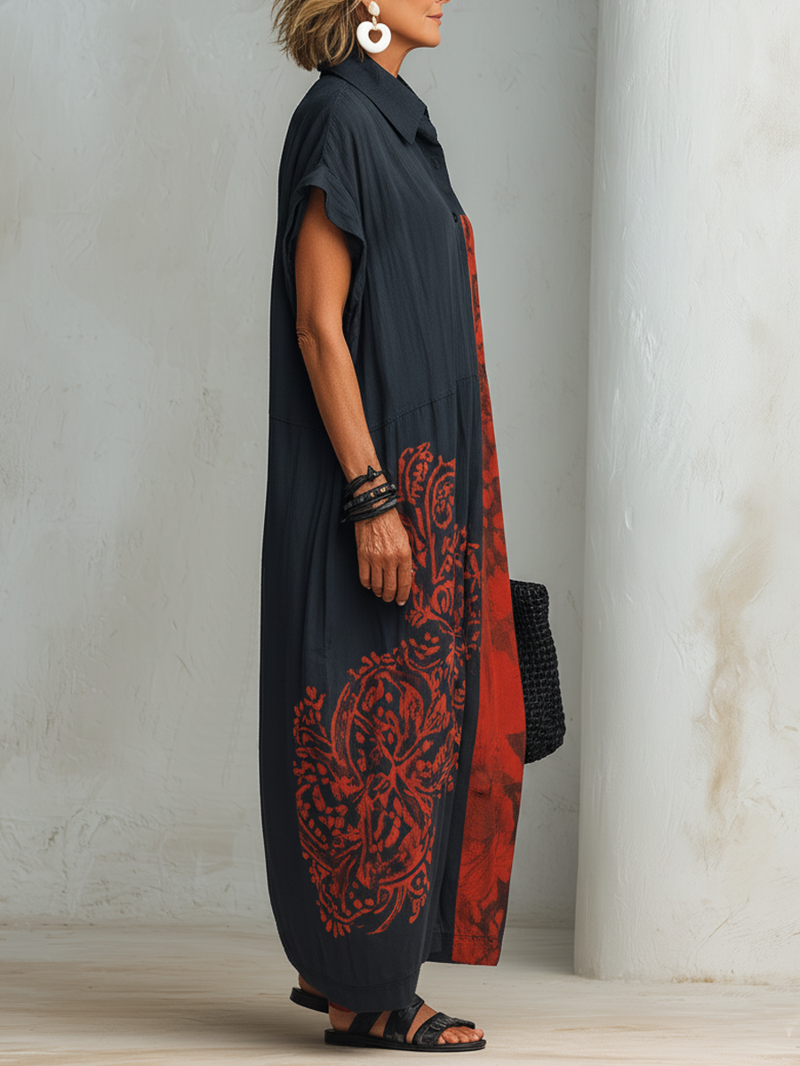 Robe longue décontractée vintage pour femme, en mélange imprimé, col Henley et manches courtes