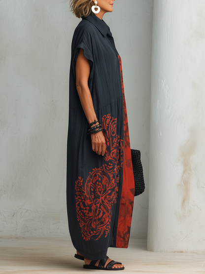 Robe longue décontractée vintage pour femme, en mélange imprimé, col Henley et manches courtes