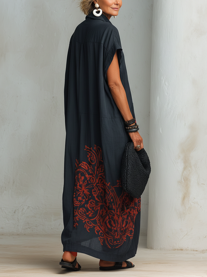 Robe longue décontractée vintage pour femme, en mélange imprimé, col Henley et manches courtes