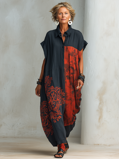 Robe longue décontractée vintage pour femme, en mélange imprimé, col Henley et manches courtes