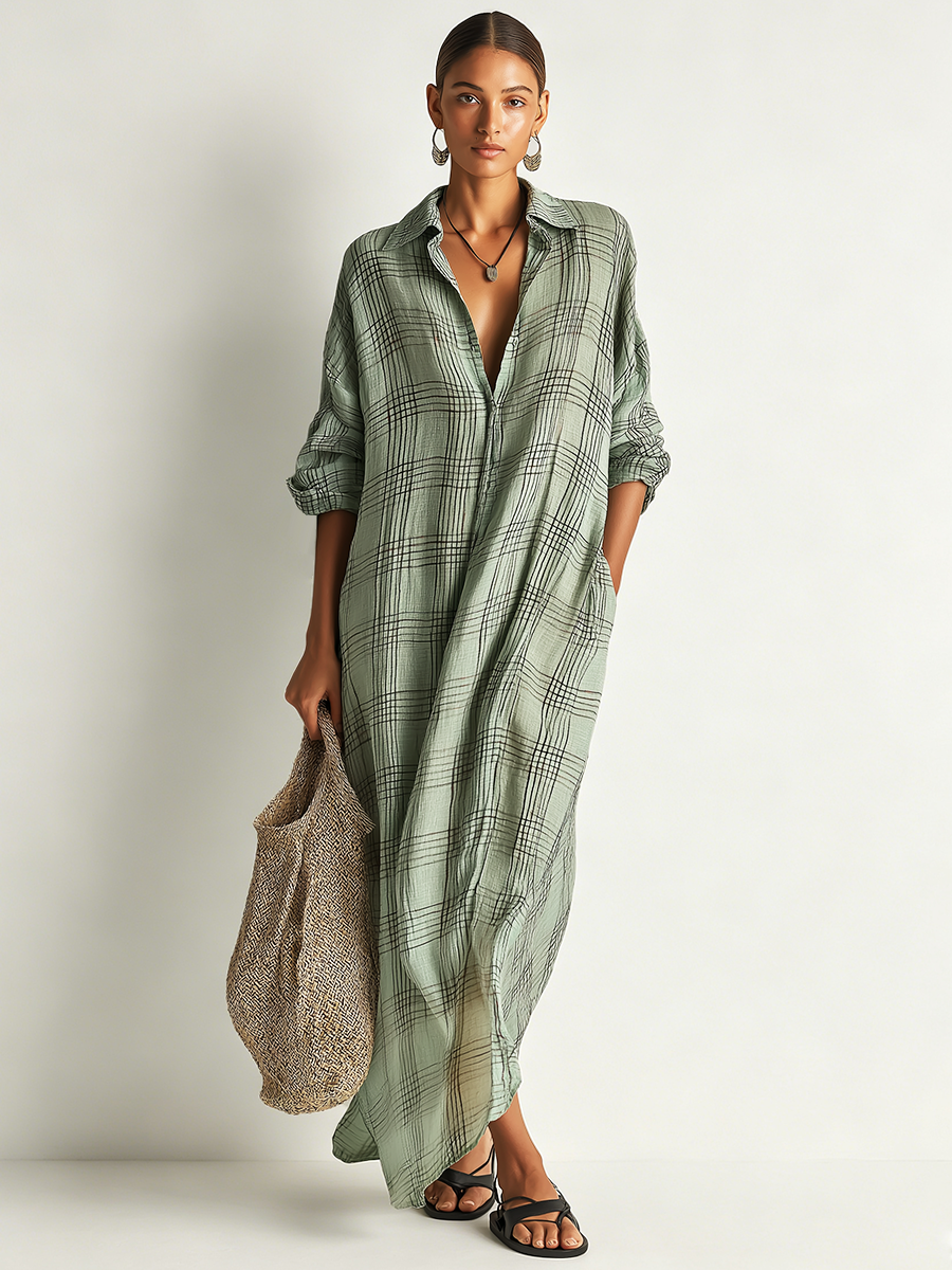Robe Mi-Longue Femme Rétro Décontractée en Coton et Lin à Imprimé Carreaux et Manches Longues