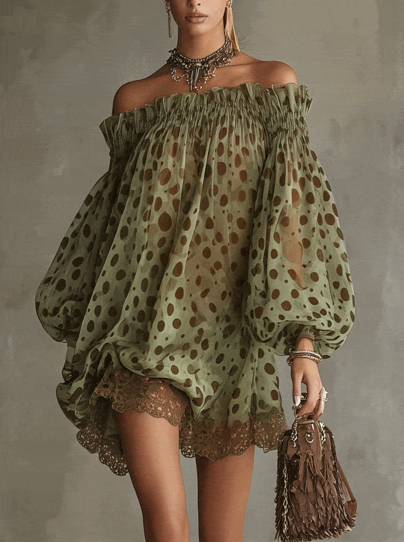 Mini-robe en mousseline de soie à pois pour femme, épaules dénudées et manches longues bouffantes