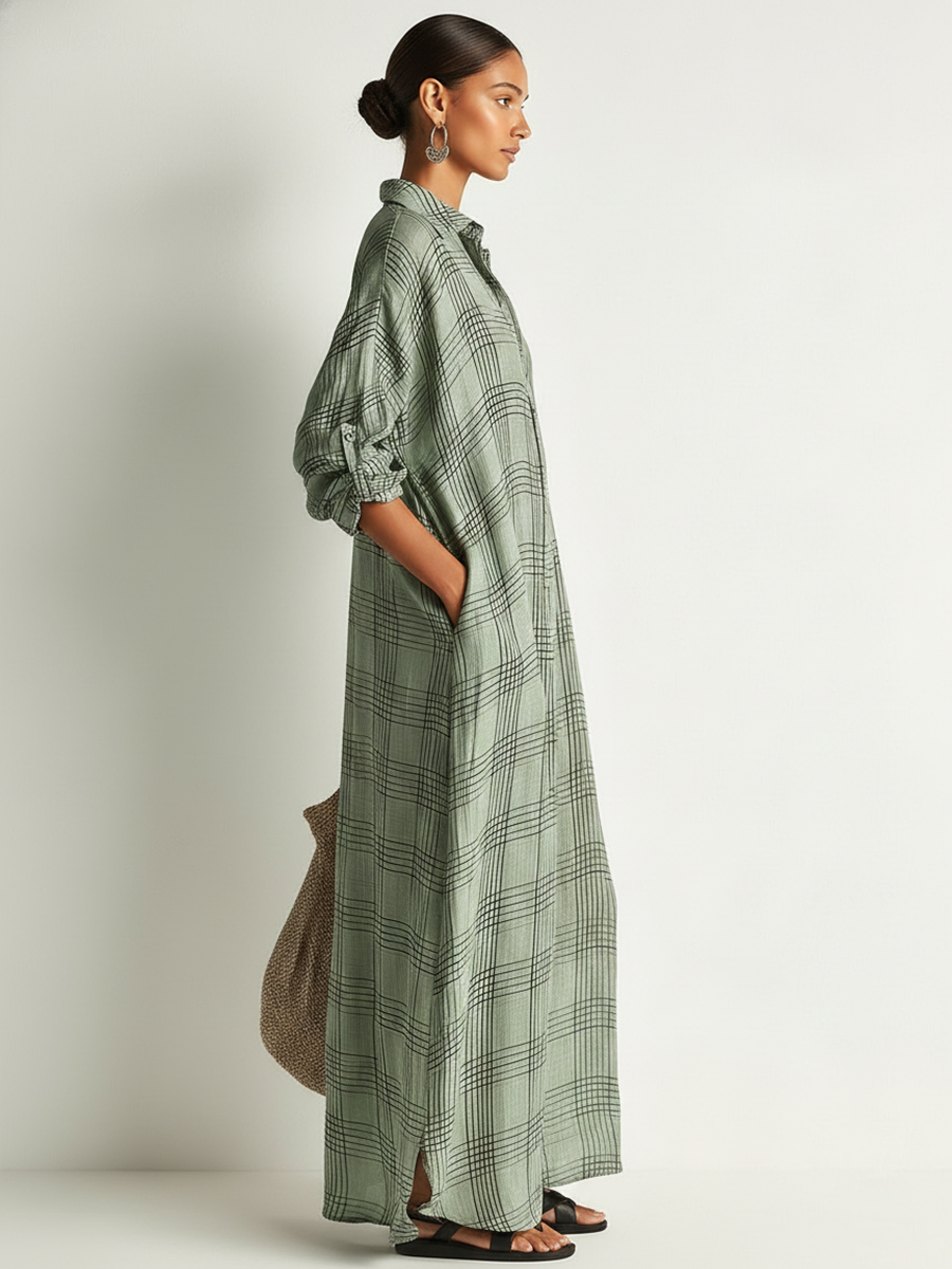Robe Mi-Longue Femme Rétro Décontractée en Coton et Lin à Imprimé Carreaux et Manches Longues