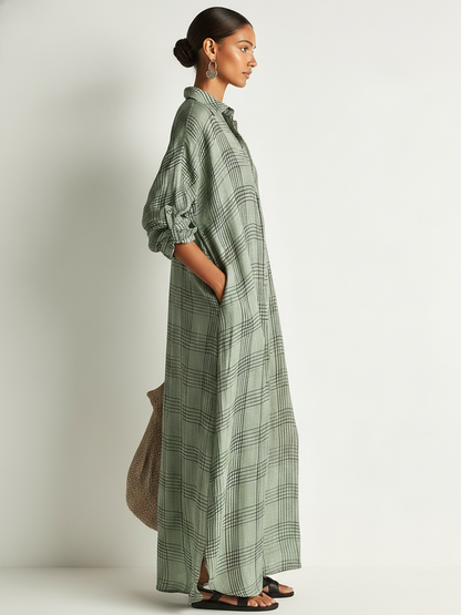 Robe Mi-Longue Femme Rétro Décontractée en Coton et Lin à Imprimé Carreaux et Manches Longues