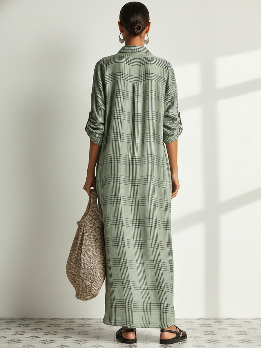 Robe Mi-Longue Femme Rétro Décontractée en Coton et Lin à Imprimé Carreaux et Manches Longues