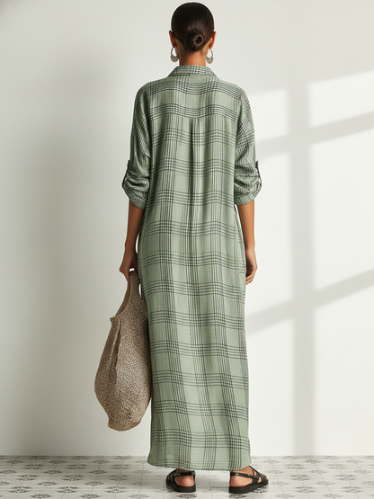 Robe Mi-Longue Femme Rétro Décontractée en Coton et Lin à Imprimé Carreaux et Manches Longues