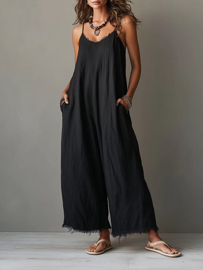 Combinaison ample minimaliste pour femme en lin mélangé avec décolleté en dentelle, bretelles spaghetti et ourlets effilochés