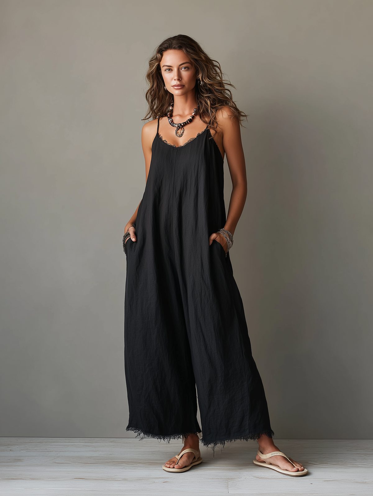 Combinaison ample minimaliste pour femme en lin mélangé avec décolleté en dentelle, bretelles spaghetti et ourlets effilochés