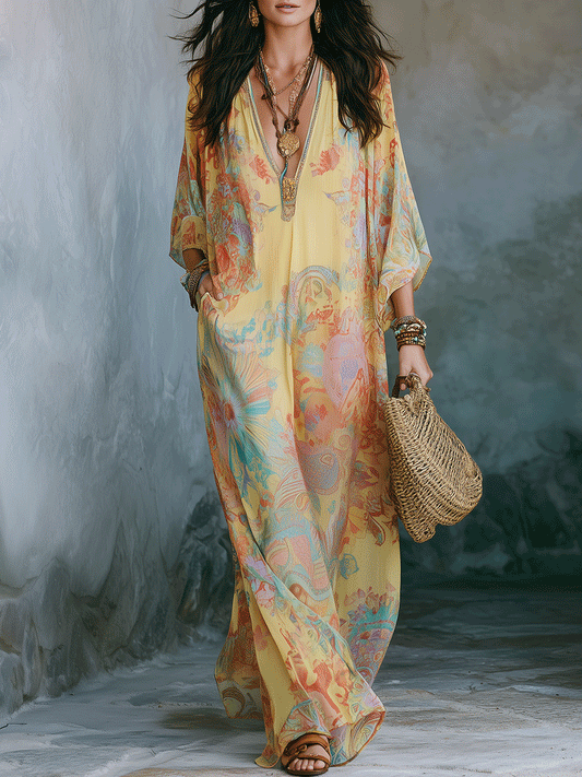 Élégante Robe Longue Caftan Bohème Grande Taille au Coucher de Soleil Doré pour les Vacances