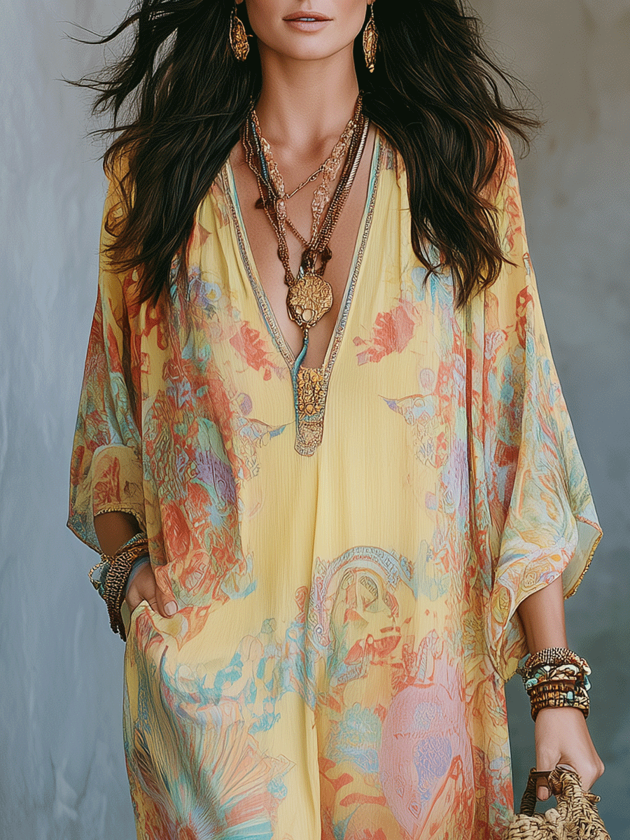 Élégante Robe Longue Caftan Bohème Grande Taille au Coucher de Soleil Doré pour les Vacances