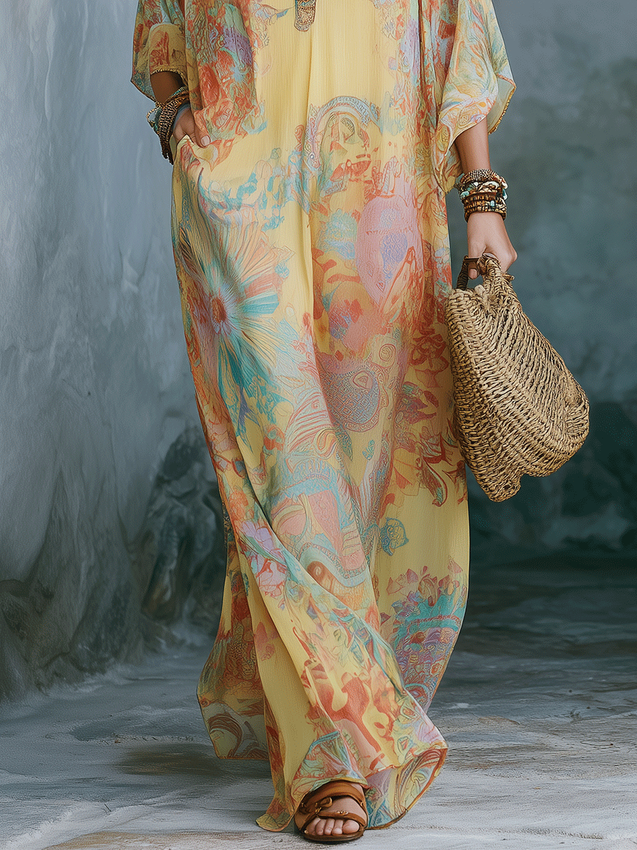 Élégante Robe Longue Caftan Bohème Grande Taille au Coucher de Soleil Doré pour les Vacances