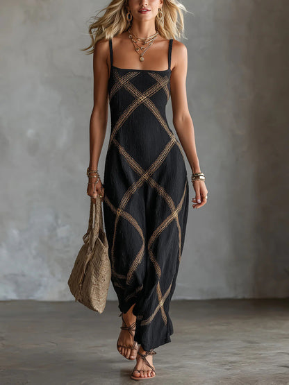 Robe longue fluide à encolure carrée et motif en losanges – Robe longue d'été bohème à fines bretelles