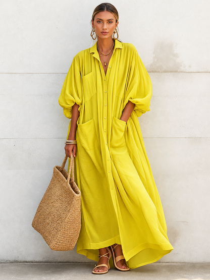 Women's Vacation-Style Flowy Lemon Yellow Cotton-Linen Oversized Shirt Dress