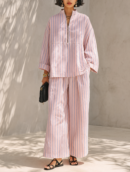 Ensemble haut à manches longues et demi-zippé et pantalon large minimaliste pour femme