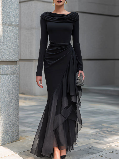 Robe longue sirène noire en mousseline à volants, drapée, épaules dénudées et col bénitier à manches longues