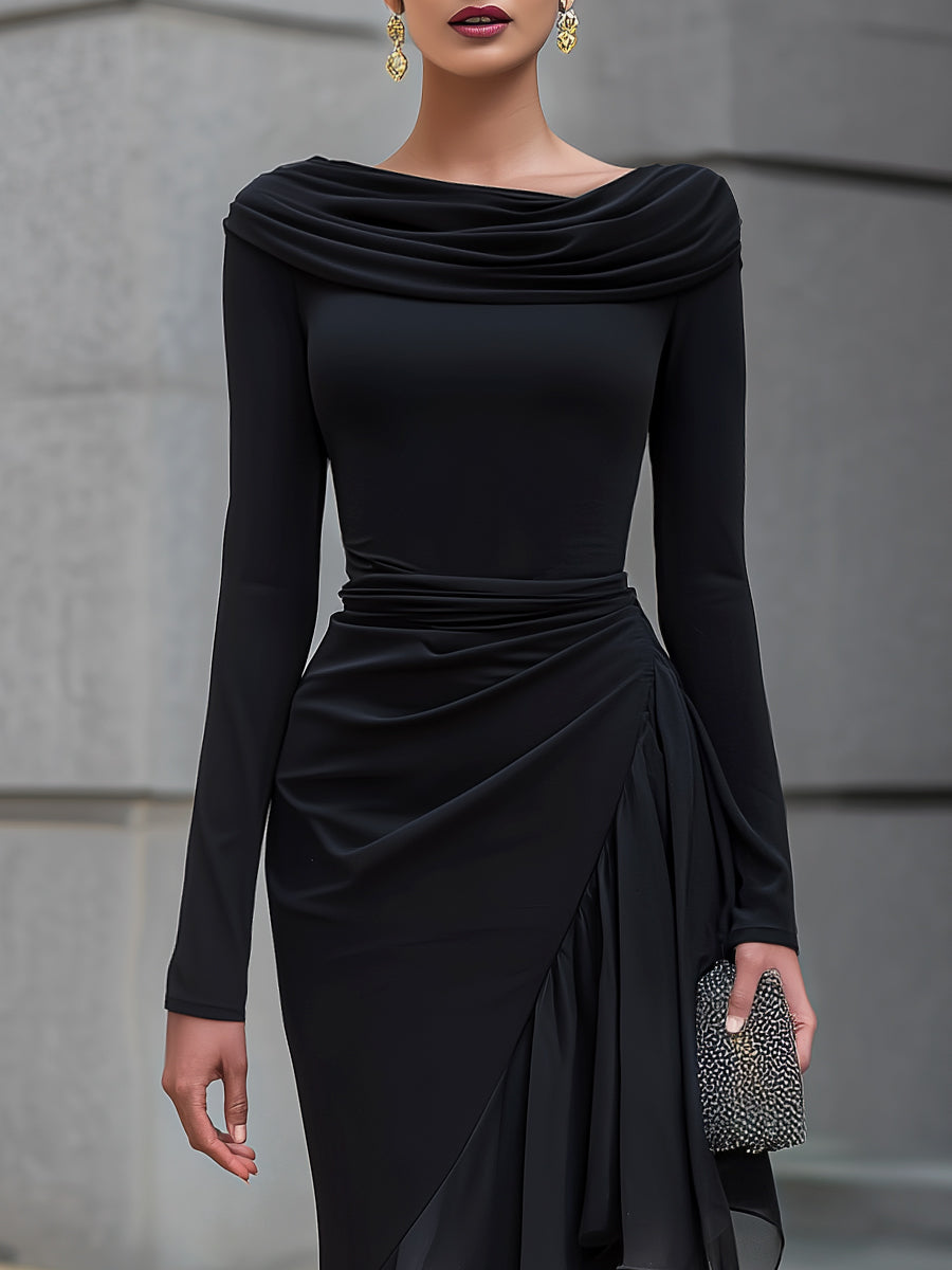 Robe longue sirène noire en mousseline à volants, drapée, épaules dénudées et col bénitier à manches longues