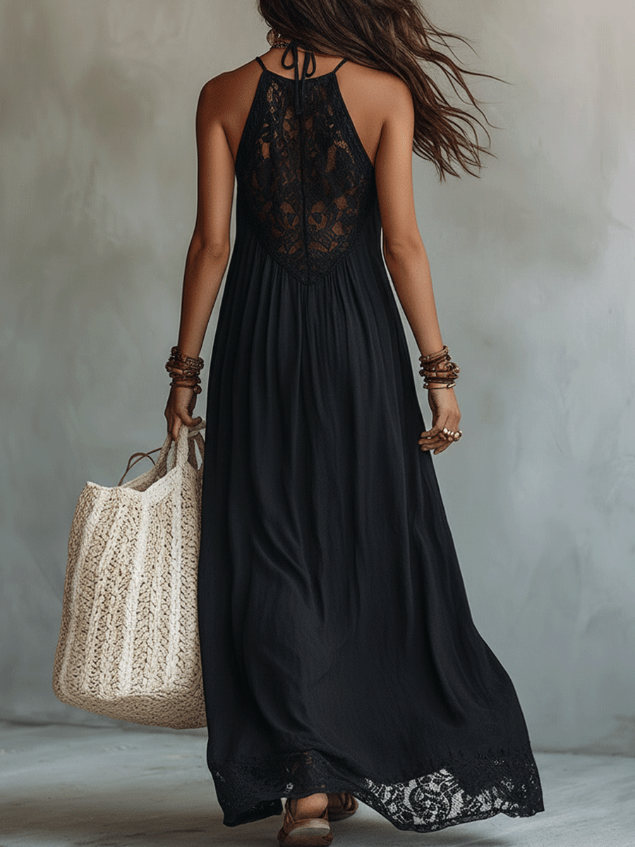 Robe longue de soirée élégante bohème sans manches fluide et spectaculaire