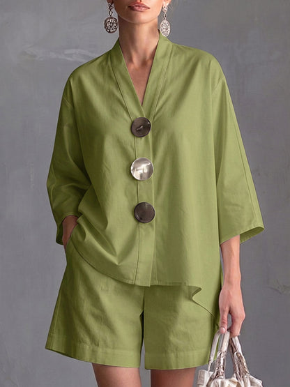 Ensemble décontracté pour femme, haut ample en coton et lin à manches 3/4 et col en V, et short taille haute à jambes larges