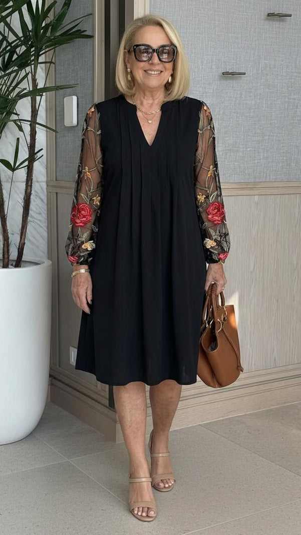 Elegant V-neck mini dress with sheer sleeves