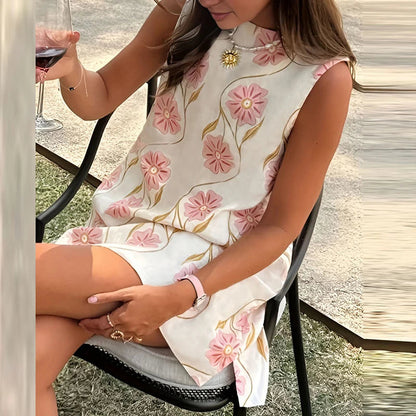 Elegant women's summer mini dress, round neck sleeveless, loose fit, floral print, bohemian-chic style, perfect for holidays and and evenings