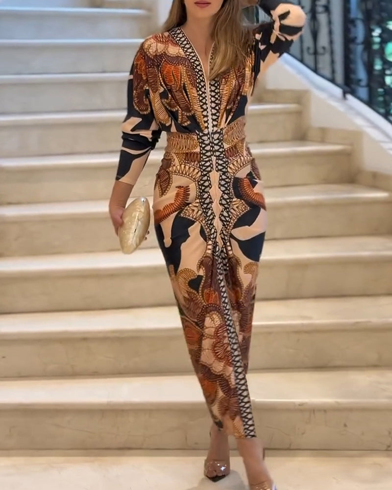 Vintage Baroque Deep Neck Bodycon Dress, Long Sleeves with Slit, Pleated and Fitted for the Holidays