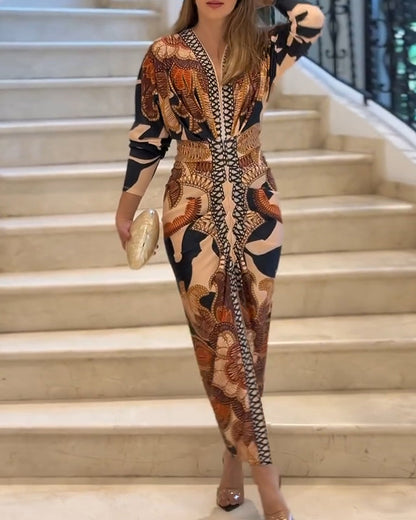 Vintage Baroque Deep Neck Bodycon Dress, Long Sleeves with Slit, Pleated and Fitted for the Holidays