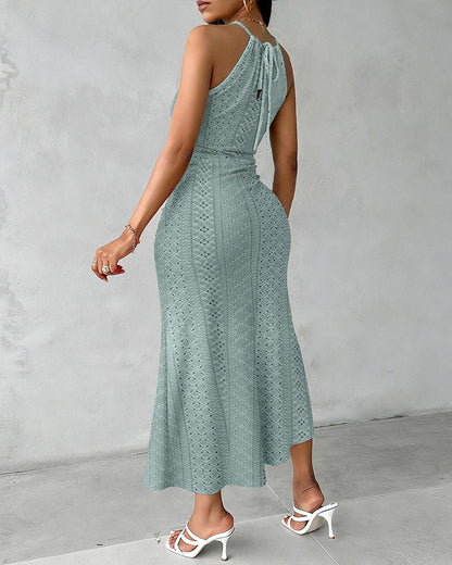 Robe décontractée à col licou, nouée, croisée devant, en jacquard tricoté texturé avec fente, robe de vacances drapée ajourée