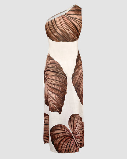 Maxi-robe moulante à imprimé tropical, une épaule dénudée, fendue, coupe ajustée et séduisante