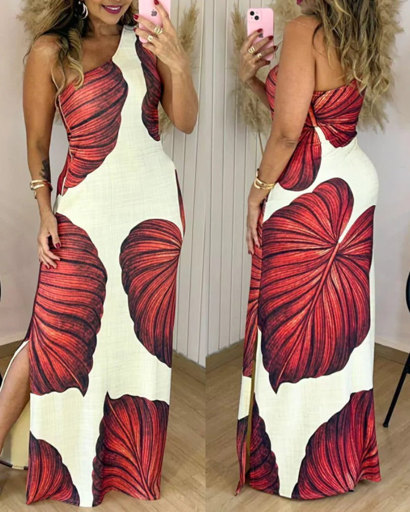 Maxi-robe moulante à imprimé tropical, une épaule dénudée, fendue, coupe ajustée et séduisante