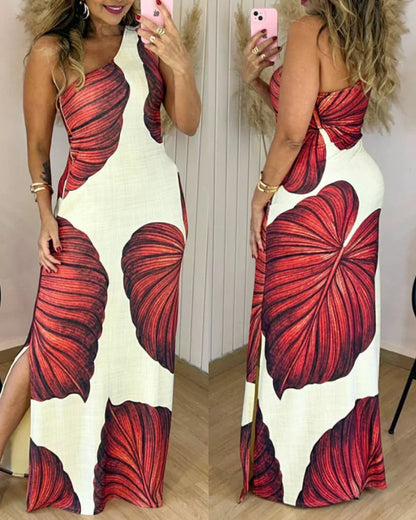 Maxi-robe moulante à imprimé tropical, une épaule dénudée, fendue, coupe ajustée et séduisante