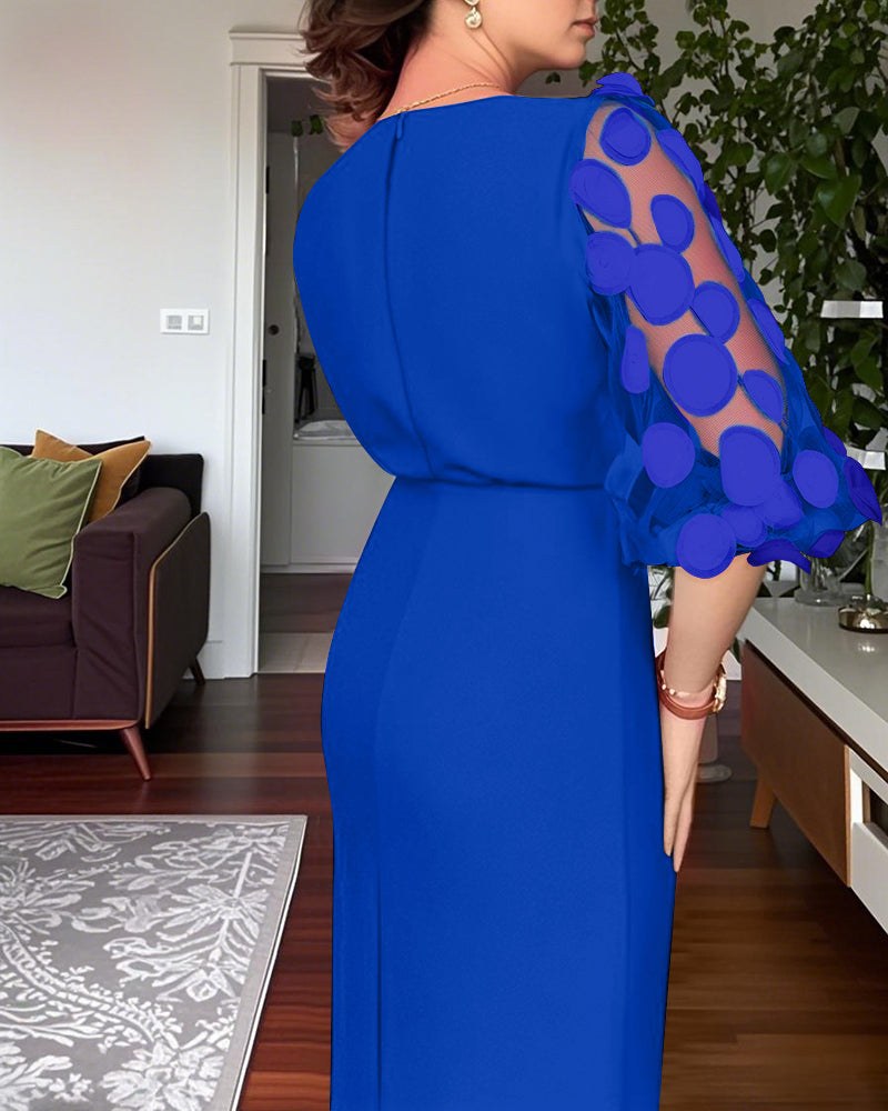 3D Polka Dot Appliqué Mesh Lantern Sleeve Work Dress with Zip Back, Slit, Fitted Waist, and Midi Length Belt