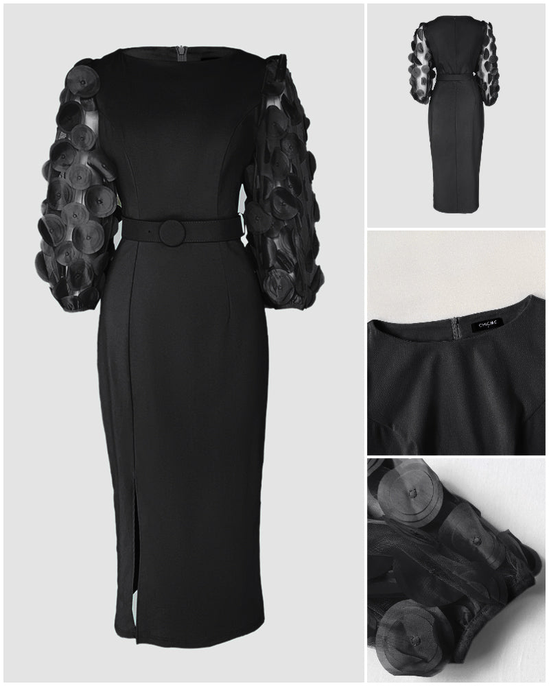 3D Polka Dot Appliqué Mesh Lantern Sleeve Work Dress with Zip Back, Slit, Fitted Waist, and Midi Length Belt