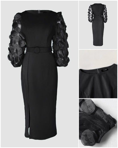 3D Polka Dot Appliqué Mesh Lantern Sleeve Work Dress with Zip Back, Slit, Fitted Waist, and Midi Length Belt