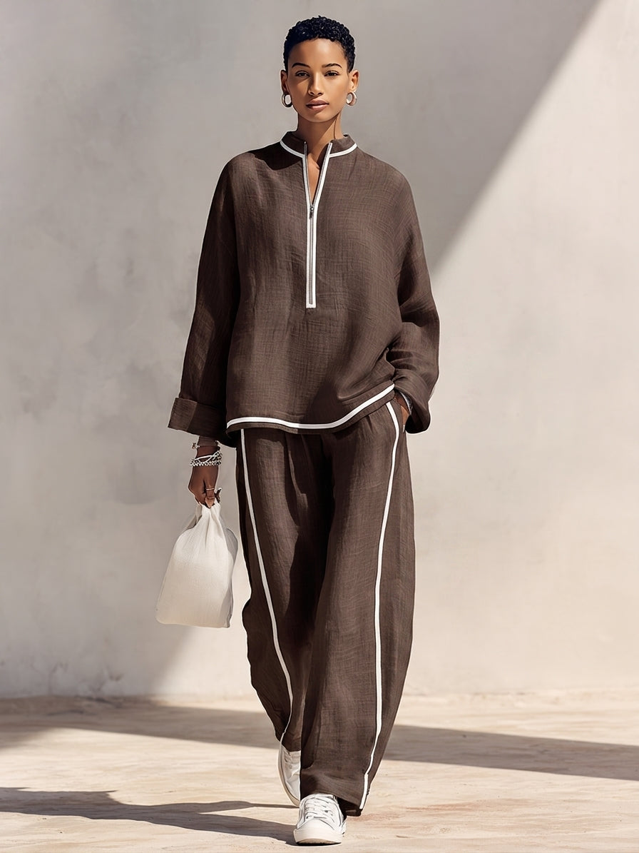 Ensemble ample femme en lin bleu clair avec haut col montant mi-zippé et pantalon large