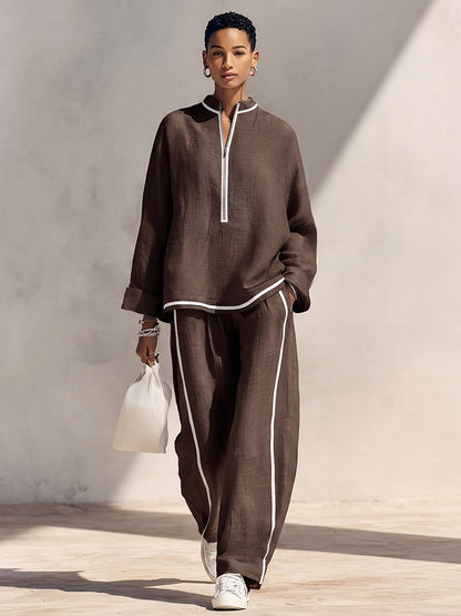Ensemble ample femme en lin bleu clair avec haut col montant mi-zippé et pantalon large