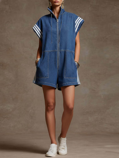 Loose striped sleeveless stand-up collar jumpsuit with zipper, drawstring pockets, contrasting colors and slit assemblies
