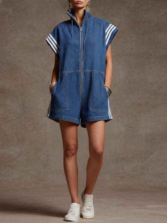 Loose striped sleeveless stand-up collar jumpsuit with zipper, drawstring pockets, contrasting colors and slit assemblies