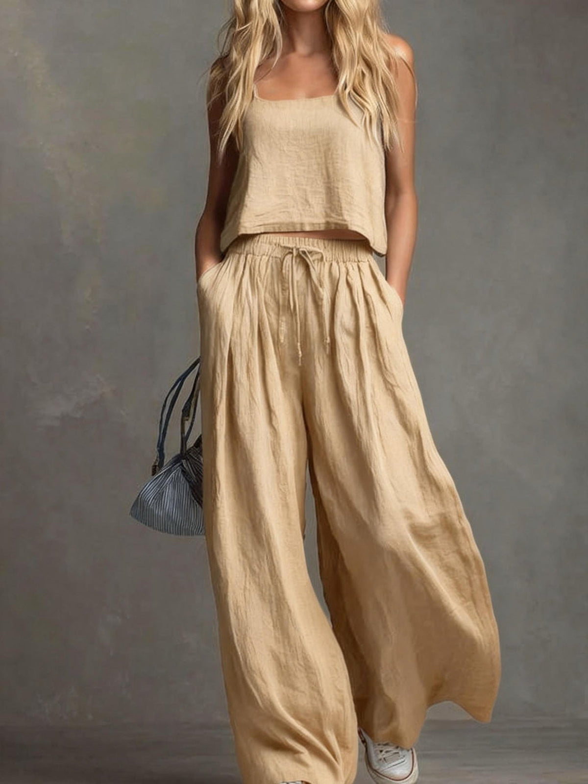 Ensemble pantalon large et haut à bretelles en coton et lin décontracté de couleur unie