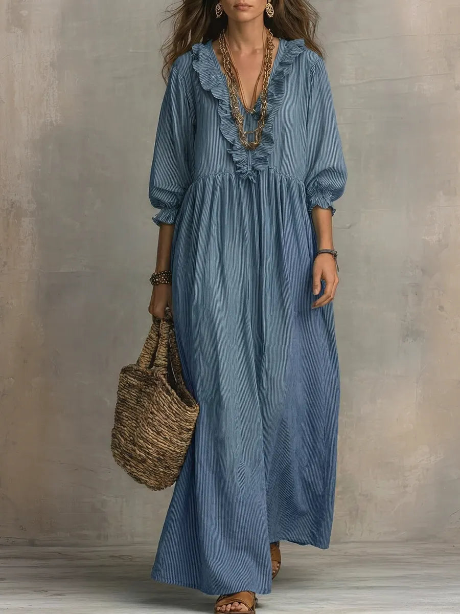 Robe longue de vacances chic décontractée à imprimé rayé et volants pour femme