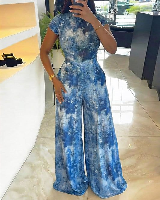 Ensemble 2 Pièces Haut Col Montant Manches Courtes Coupe Slim et Pantalon Large Taille Haute Imprimé Tie Dye Décontracté en Mesh Transparent